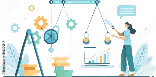 Illustration of a woman balancing weights with a graph and gears in a conceptual design scene