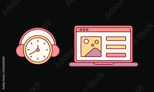 Pink Alarm Clock and Laptop Icon Set Time Management Art & Illustration