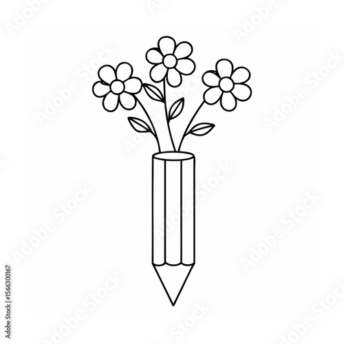 Outline flowers in a pencil shaped vase on a vector