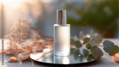Elegant Perfume Bottle on Reflective Surface with Floral Elements in Soft Lighting