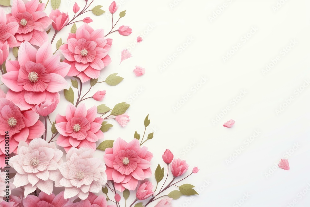 Fototapeta premium Delicate paper flowers arranged in a beautiful border on a white background