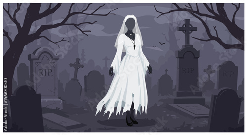 Spectral Bride in a Haunted Graveyard: A Haunting Halloween Scene.