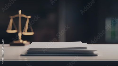 Justice and Documentation: Symbolic shot of a scales of justice set atop a stack of documents, representing the pillars of law and order in a professional setting. 