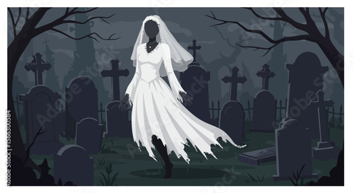 Ghostly Bride in Graveyard: Ethereal Figure Amidst Tombstones and Bare Trees.