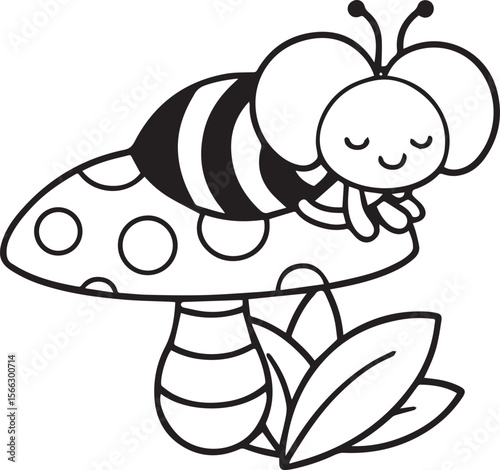 Cartoon Bee Resting on a Spotted Mushroom
