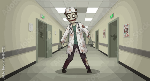 Zombie Doctor in Desolate Hospital Corridor: A chilling illustration of a decaying physician zombie in a dilapidated hospital hallway bathed in eerie muted light.