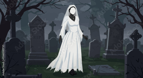 Ghostly Bride in a Foggy Cemetery: A Haunting Illustration.