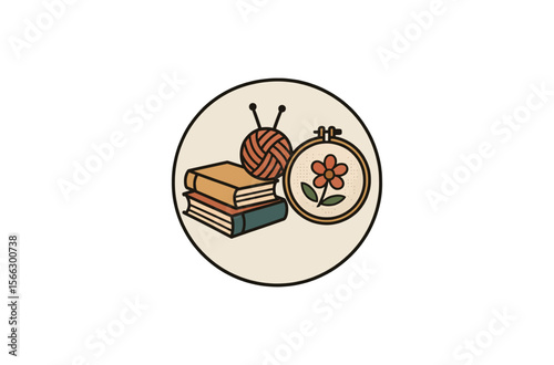Knitting and Crochet Book with Craft Supplies logo vector Editable design 