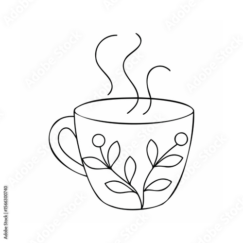 Handdrawn outline a steaming coffee cup with floral pattern handle on beverage drink