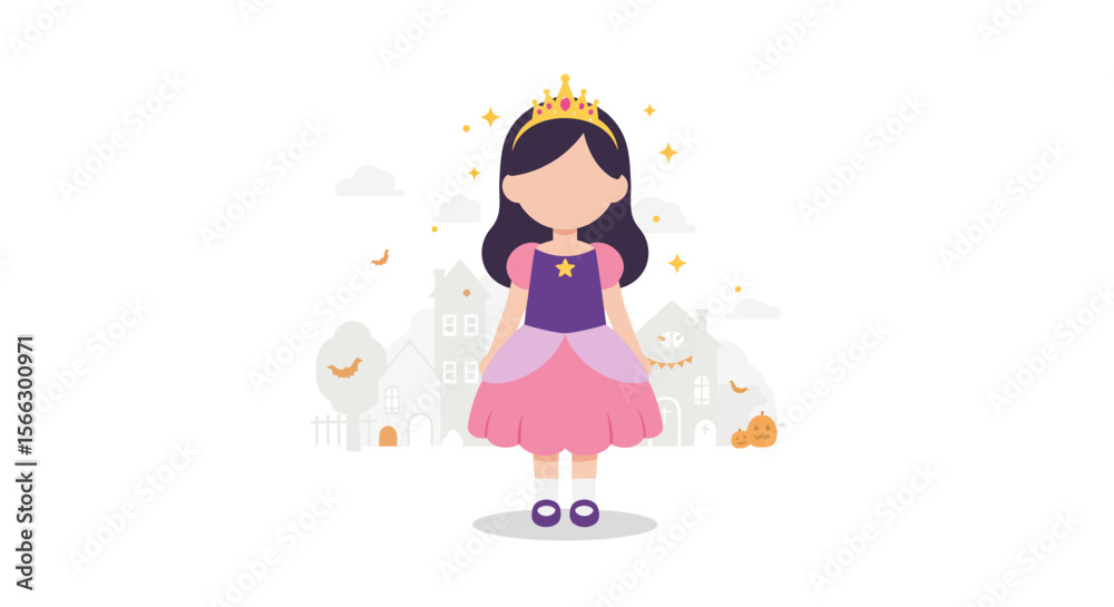 Adorable Princess in Halloween Costume with Spooky Town Background. Adorable Princess in Halloween Costume with Spooky Town Background.