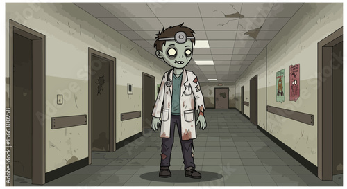 Cartoon Zombie Doctor in Dilapidated Hospital Hallway Horror Theme.