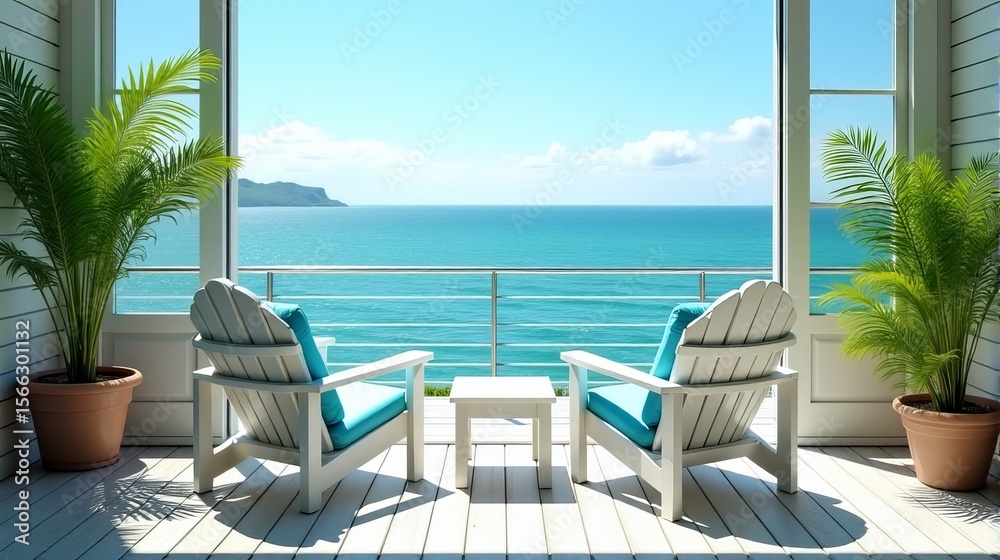 Naklejka premium Sunny Coastal Patio with White Outdoor Chairs and Light Blue Cushions Inviting Leisurely Outdoor Enjoyment and Relaxation
