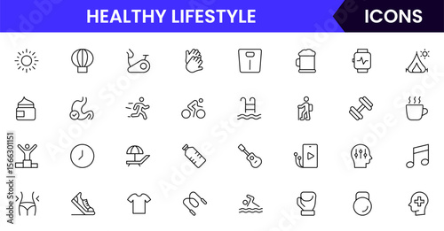 Healthy and lifestyle vector web line icon collection, sleek illustrations of fitness, travel, EV living, and wellness for vibrant, modern designs.