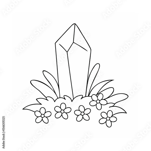 Handdrawn outline a crystal with grass flowers on a mineral quartz