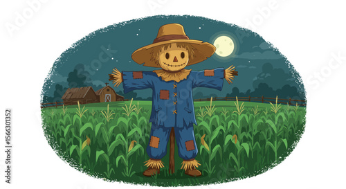Night Watch: A Friendly Scarecrow Guards the Cornfield Under the Harvest Moon.