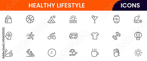 Healthy and lifestyle vector web line icon collection, sleek illustrations of fitness, travel, EV living, and wellness for vibrant, modern designs.