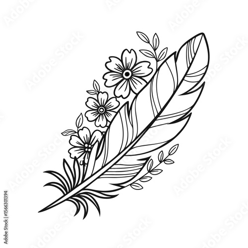 Handdrawn feather with flowers leaves on a floral nature