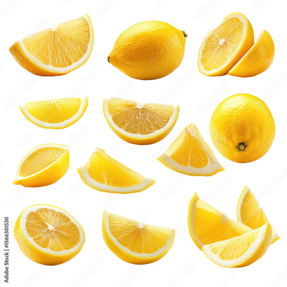 Fototapeta premium Lemon slices and whole lemon isolated on transparent background cutout