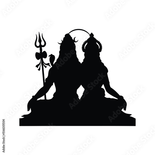 Lord shiva and parvati spiritual couple sitting pose with trishul illustration