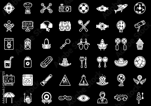 Collection of white hand drawn icons and symbols on a black background