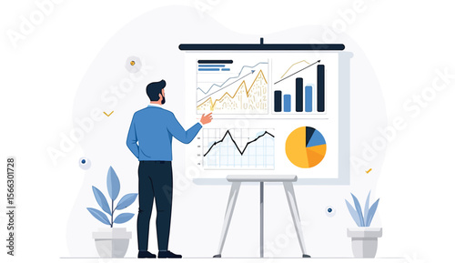 Man Presenting Business Data on a Flip Chart with Plants Nearby