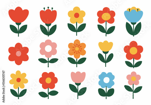 Collection of colorful folk art style flowers with green stems and leaves