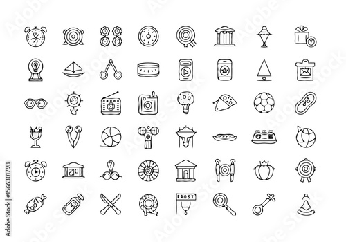 Collection of hand drawn black and white icons representing various objects and concepts