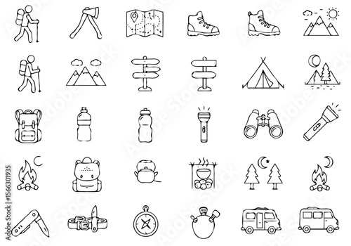 Collection of hand drawn icons representing various camping and hiking equipment and activities