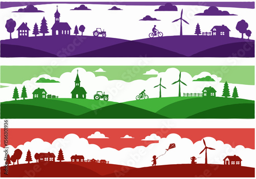 Rural village life with windmills and cycling in vibrant color blocks