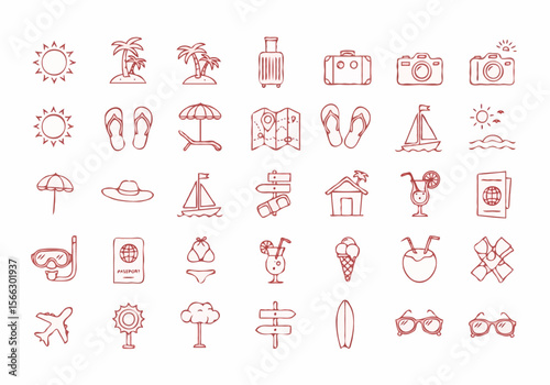 Collection of hand drawn travel and vacation icons for summer holidays