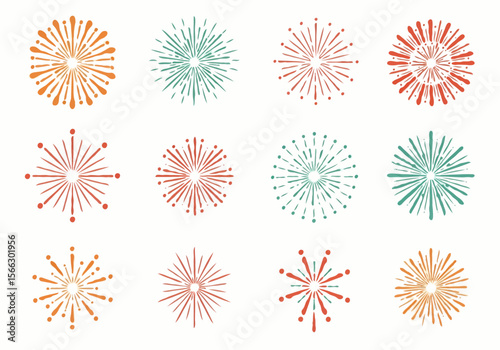 Collection of twelve stylized starburst or firework burst graphics in orange teal and red