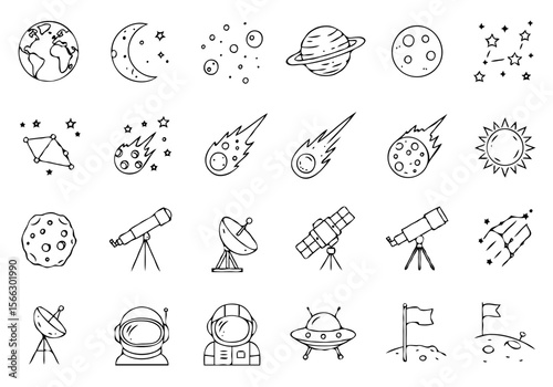 Collection of hand drawn doodle icons representing space exploration and celestial bodies