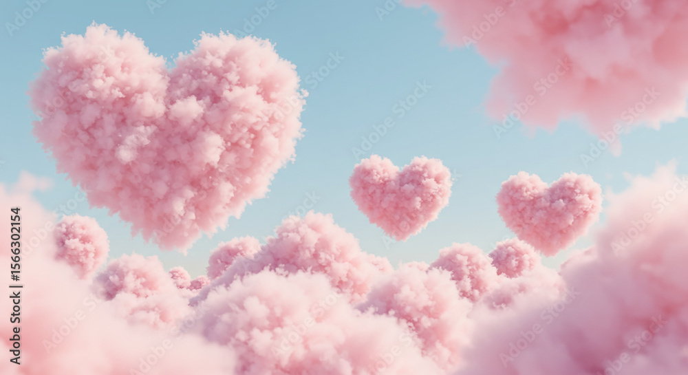 Obraz premium Whimsical pink heart shaped clouds floating in a serene light blue sky