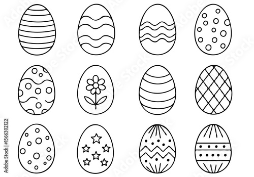 Collection of twelve hand drawn black and white easter eggs with various patterns