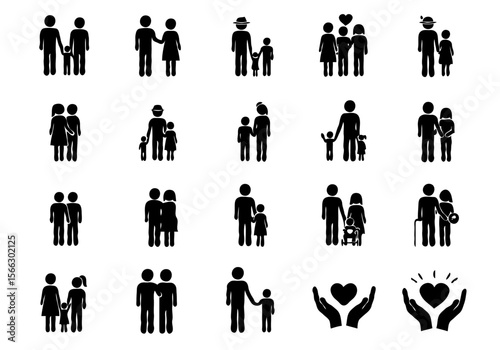 Collection of diverse family and relationship icon sets representing different family structures and love