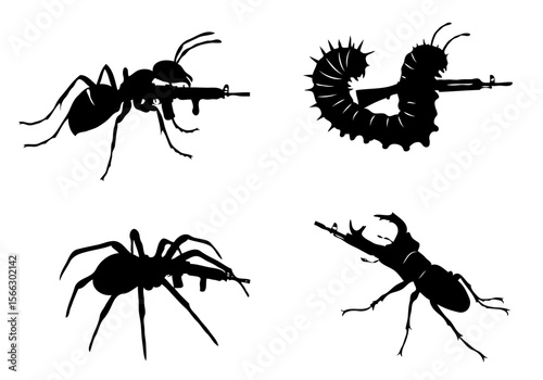 Ant spider caterpillar and beetle silhouettes holding assault rifles