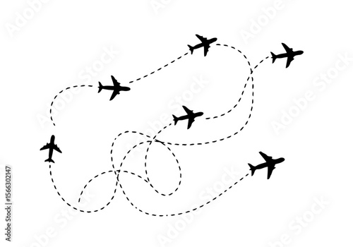 Multiple airplanes with dashed flight paths showing travel routes and connections