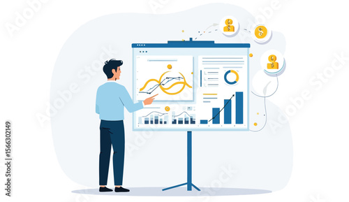 Man Presenting Business Data on Flip Chart with Financial Growth Icons