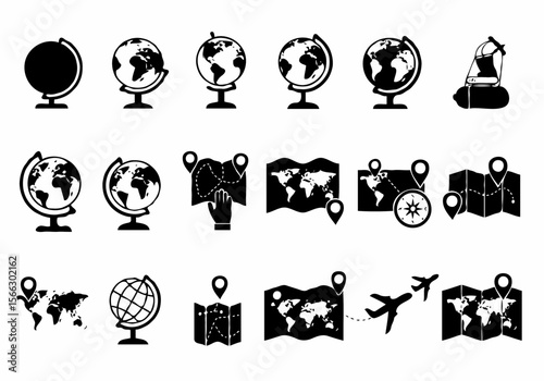 Collection of globe and map icons representing travel and navigation concepts