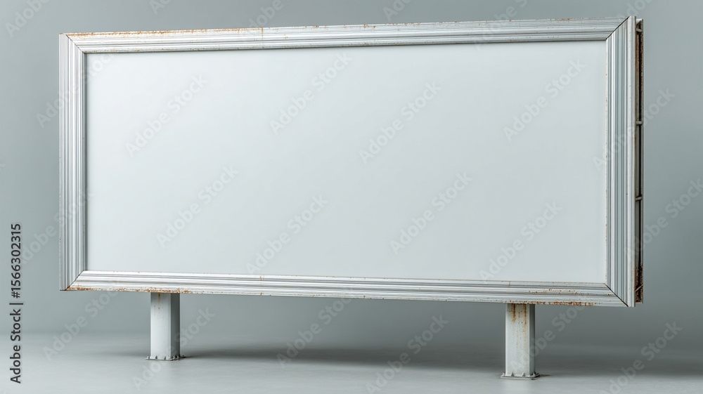 Obraz premium Blank metallic billboard with empty panel, slightly aged steel frame, no writing or decoration, mounted on double poles, clean studio setting with white background, soft shadows, photorealistic style