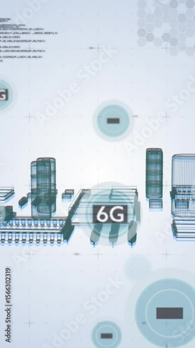 Animation of data processing and 6g texts with schema on white background