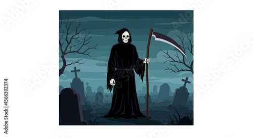 Grim Reaper in Graveyard: Dark Cartoon Illustration for Halloween.