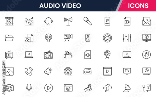 Modern vector line icons representing media tools, cameras, microphones, play buttons, and screens, perfect for digital content and broadcasting platforms.