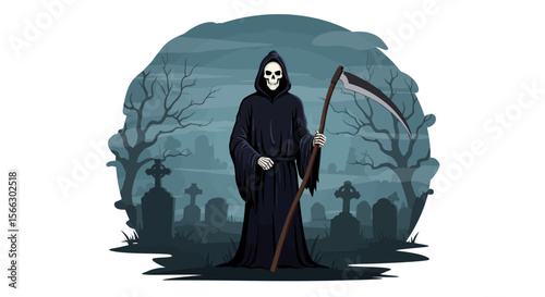 Grim Reaper with Scythe in Cemetery Halloween Illustration Death Concept.