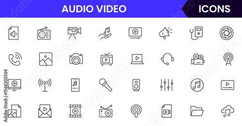 Modern vector line icons representing media tools, cameras, microphones, play buttons, and screens, perfect for digital content and broadcasting platforms.