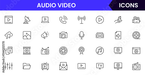 Modern vector line icons representing media tools, cameras, microphones, play buttons, and screens, perfect for digital content and broadcasting platforms.