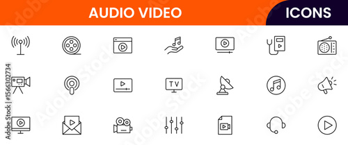 Modern vector line icons representing media tools, cameras, microphones, play buttons, and screens, perfect for digital content and broadcasting platforms.