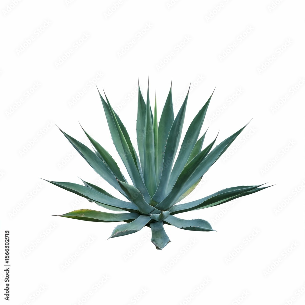 Fototapeta premium Striking Solitary Blue Agave Plant A Study in Botanical Symmetry and Desert Adaptation on a Clean White Background