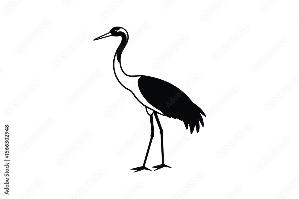 Fototapeta premium Elegant Red Crowned Crane in Black and White Silhouette