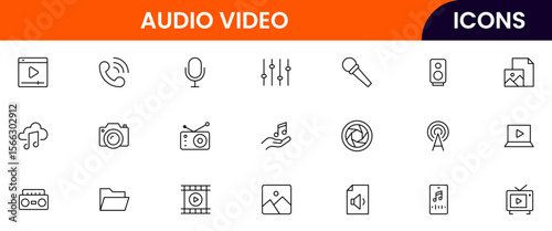 Modern vector line icons representing media tools, cameras, microphones, play buttons, and screens, perfect for digital content and broadcasting platforms.